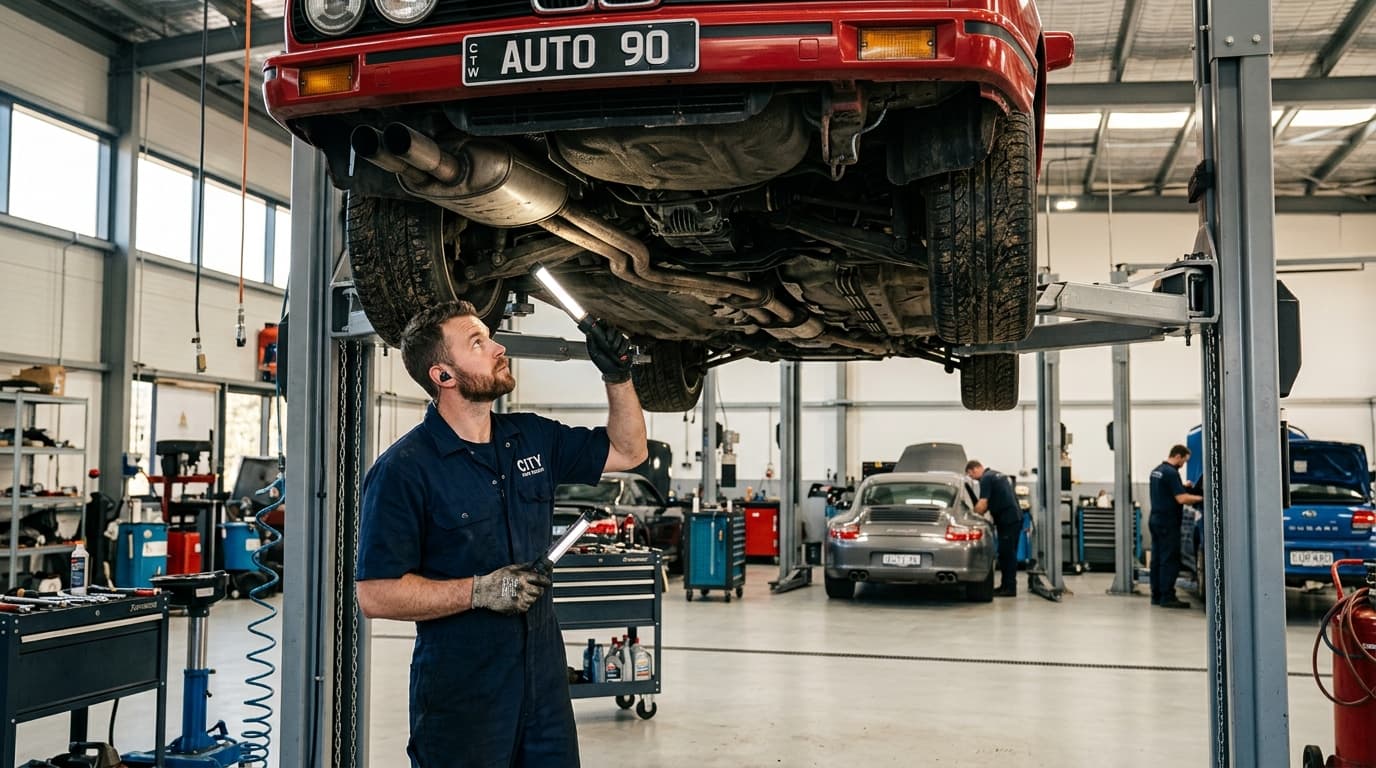 Mechanic inspecting a car on a lift