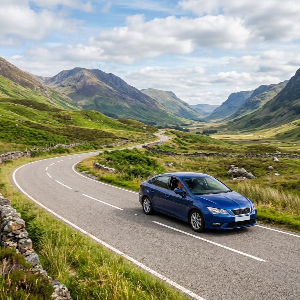 A modern car driving calmly on a scenic road