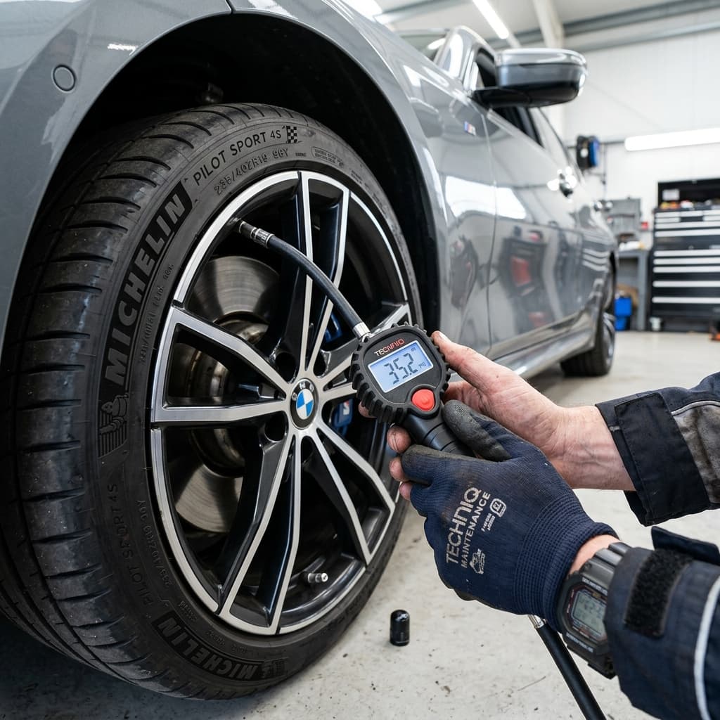A mechanic checking tyre pressure on a modern car
